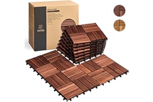 THYOI Set 10 Premium Deck Tiles, Interlocking Deck Tile, Wooden Patio Flooring Outdoor Waterproof, Acacia Wood Decking All Weather for Balcony Indoor and Outdoor Use (Dark Brown, Round Joints)