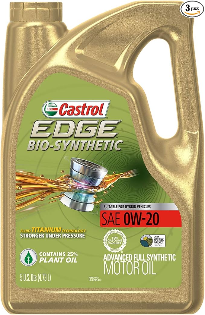 Castrol 03585 Edge Bio-Synthetic 0W-20 Advanced Full Synthetic Motor Oil, 5 Quart, 3 Pack