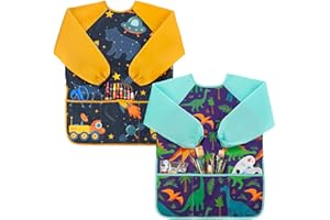 Oiomniv Kids Painting Smock, Waterproof Long Sleeve Art Apron with 3 Pockets for Ages 3-8, Washable Craft Smock