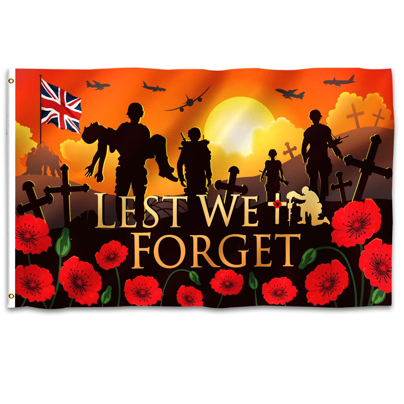 DPKOW Lest We Forget Remembrance Day Banner, Veterans Day Flag, Polyester Double Stitched with Brass Grommets, 5x3Ft