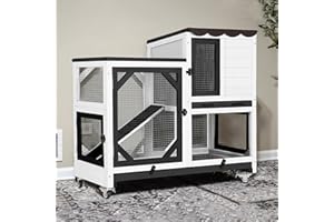 Gutinneen 2-Story Rabbit Hutch Bunny cage with Chew-Proof Ramp, Locking Leak-Proof Trays - Indoor/Outdoor 39.3" Wooden Rabbit Cage with Wheels for Rabbits, Guinea Pigs, Small Animal (Black and White)