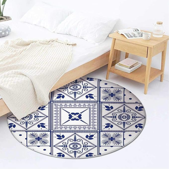 Alfombra Redonda de Color Azul Marino para el recámara, Estilo étnico