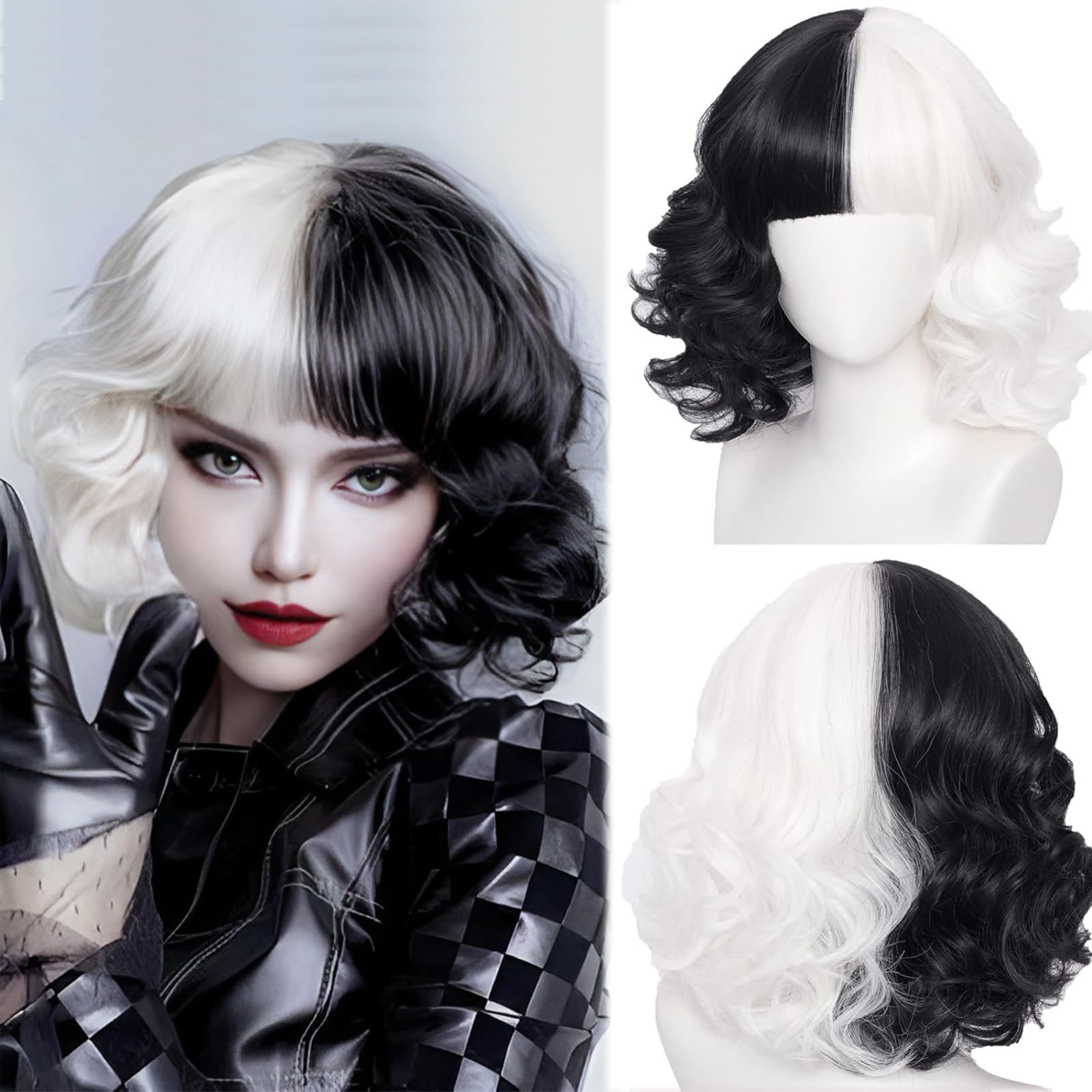 woojfcang Cruella Wigs,Half Black and White Wigs for Women Ladies,Synthetic Short Bob Wavy Curly Wig with Bangs,Halloween Fancy Dress Accessories Cosplay Party Cruella Deville Costume Adult