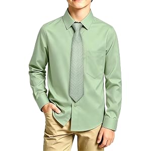 DiBanGu Boys Dress Shirt with Tie Set Button Down Shirt | Long Sleeve,Solid Shirt，Pre-tied Tie Pocket Square Set,Wrinkle Free