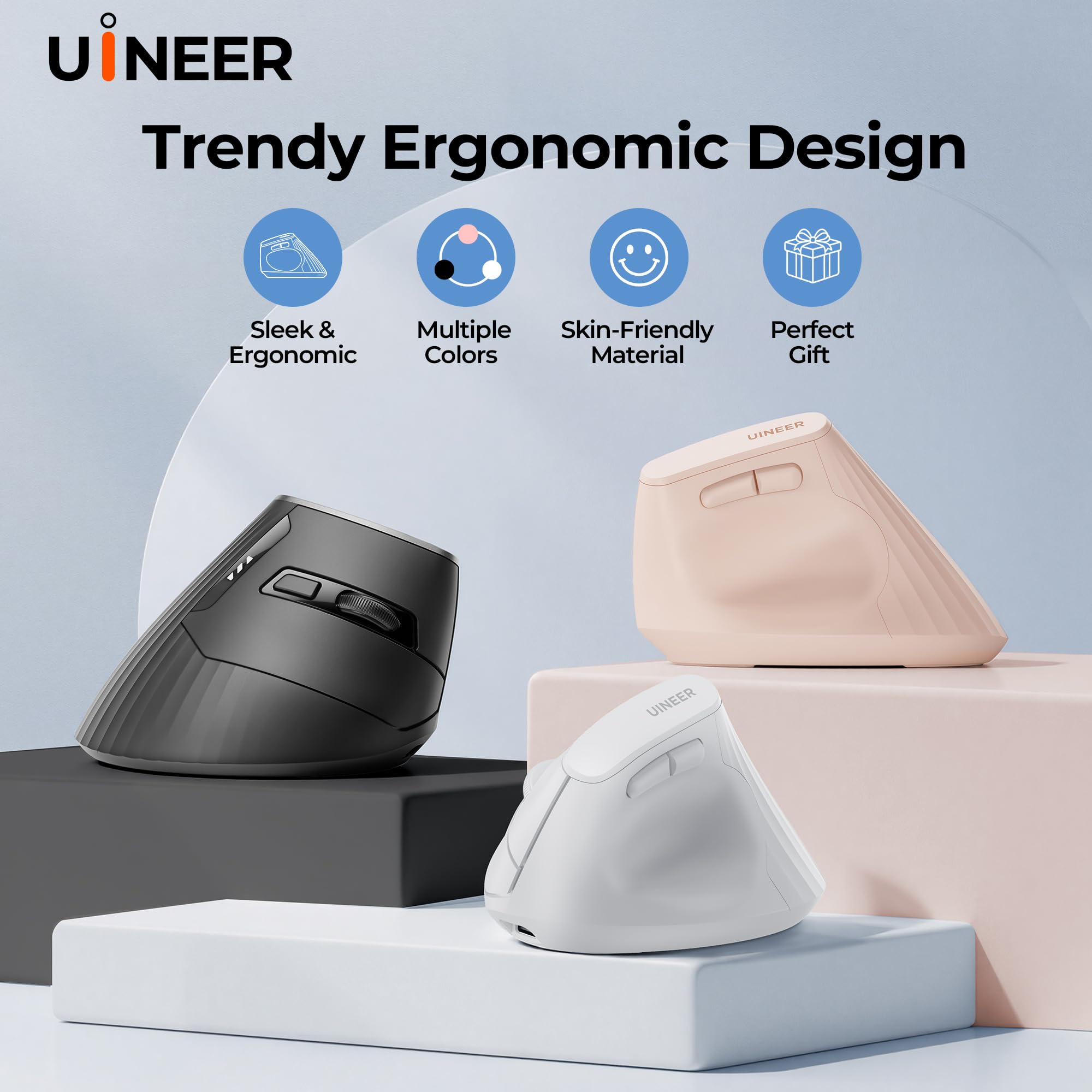 Uineer kabellose Maus, Multi-Device Tri-Mode Maus, sichtbare Leistungsstufe (2.4G+BT4.0/BT5.0) Wiederaufladbare Wireless Mouse, 4 einstellbare DPIs, 6 Tasten, für Laptop, Desktop, PC (Schwarz) 9