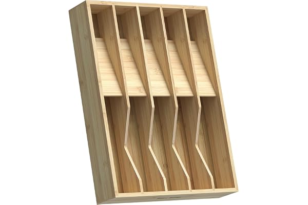 WELL WENG Utensil Drawer Organizer for Silverware,Bamboo 10 Slot | V-Groove & Anti-Slip Blocks, Vertical Storage,16" D x 12.3