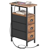 sthmec End Table with Charging Station,Narrow Side Tables with USB Ports and Outlets,Skinny Bedside Tables with 3 Drawers,Small Nightstands for Small Space,Slim Sofa Table for Livingroom,Rustic Brown