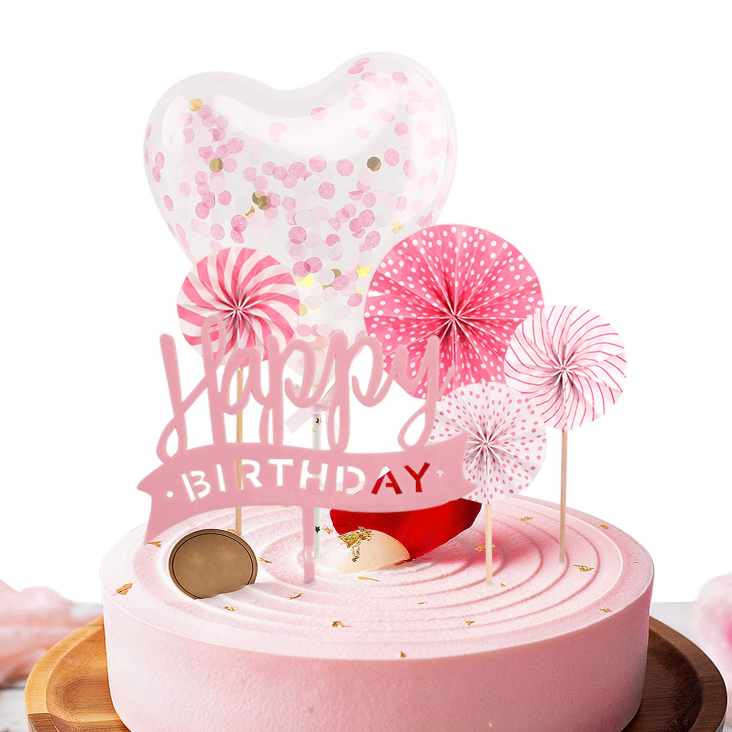 Photo 1 of Takemay Pink Cupcake Topper with Paper Fans, Confetti Balloon, Christmas Birthday Cake Supplies (6 pieces)