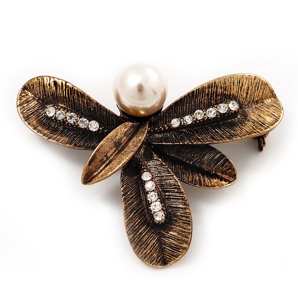 Vintage Bronze 'Leaf' Crystal Brooch