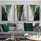 Grey and Green Abstract Wall Art Canvas Prints for Living Room Bedroom Office Modern Luxury Home Artwork Dark Green Texture Wall Art Abstract Grey Gold and Black Pictures 16x24inx3 Frameless Poster