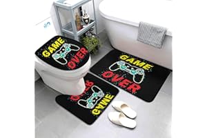 Jbofyee Video Game Theme 3 Piece Bathroom Rugs Set, Bath Mat + Contour Mat + Toilet Seat Cover, Non-Slip Soft Microfiber Gaming Joystick Bathmat for Tub Shower Room Decor, Machine Washable
