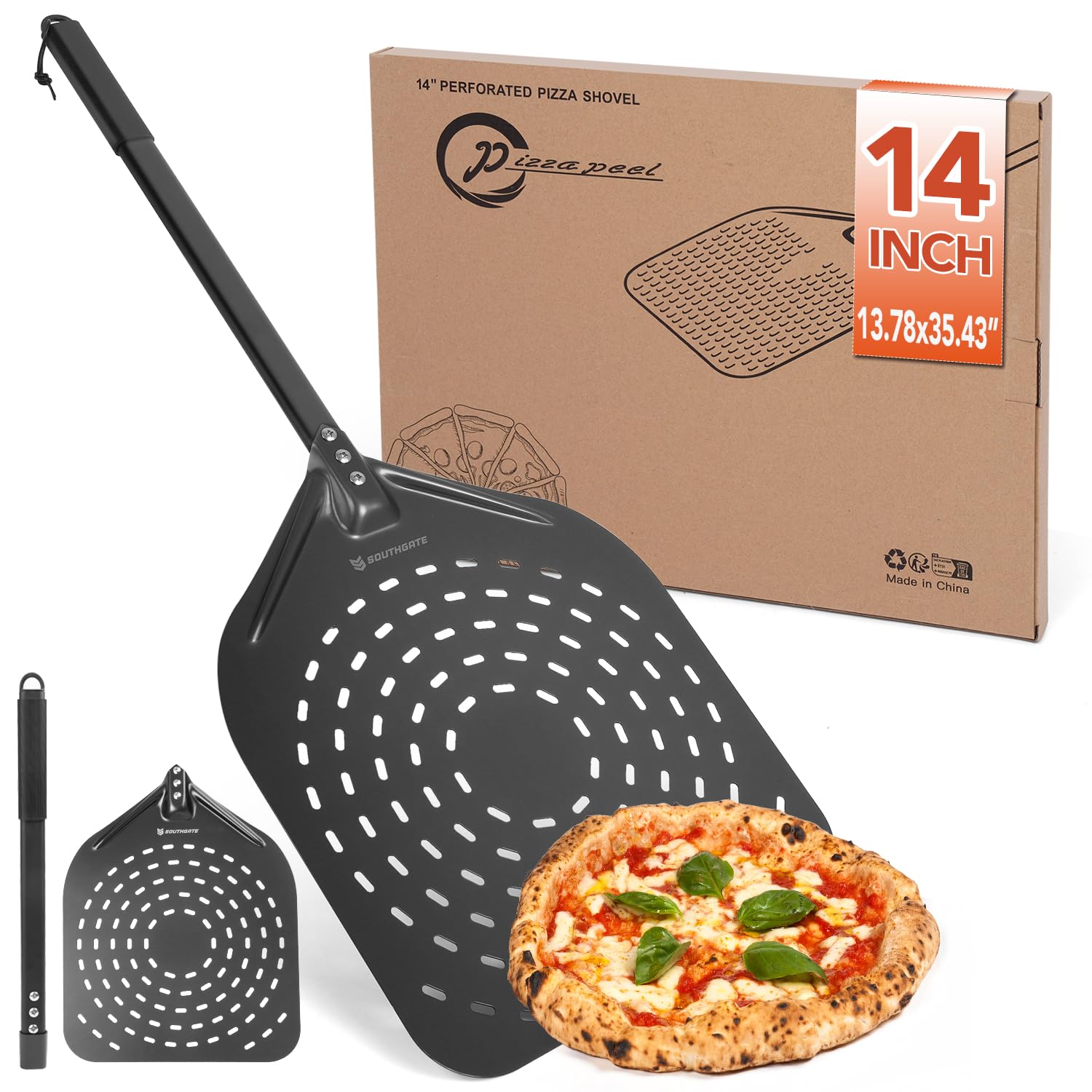 SOUTHGATE 14 Inch Perforated Pizza Peel, Professional Anodised Aluminium Pizza Shovel with 35.4" (90 cm) Extended Silicone Handle, Turning Pizza Oven Peel for Pizza Bread, 35 x 40 cm