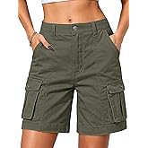 ELLEVEN Bermuda Cargo Shorts Women, Elastic High Waist 6 Pockets Shorts 7 Inch Inseam Summer Jorts for Women Casual