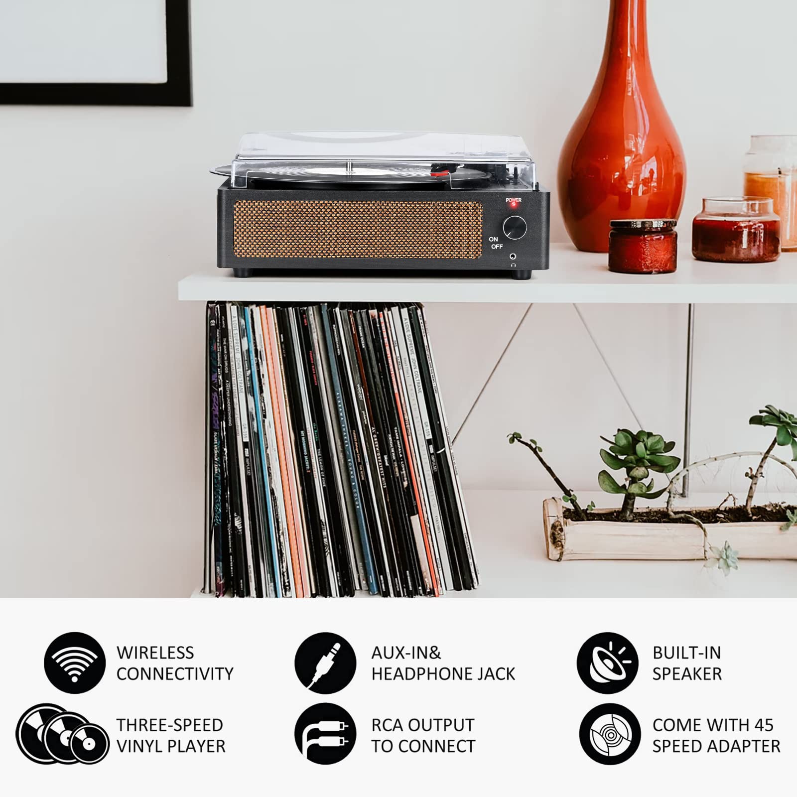 Vinyl Record Player with Speakers Vintage Turntable for Vinyls Records Belt-Driven Turn Table Support 3-Speed, Wireless Playback, Headphone, AUX-in, RCA Line LP Phonograph for Sound Enjoyment Black