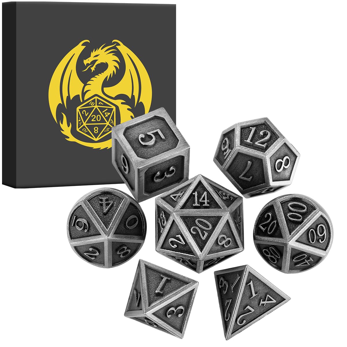 Metal Dice Set, 7pcs Polyhedral Metal DND Dice Set, DND Starter Set, D&D Gifts with Gift box, Role Playing Board Games Accessories, Silver