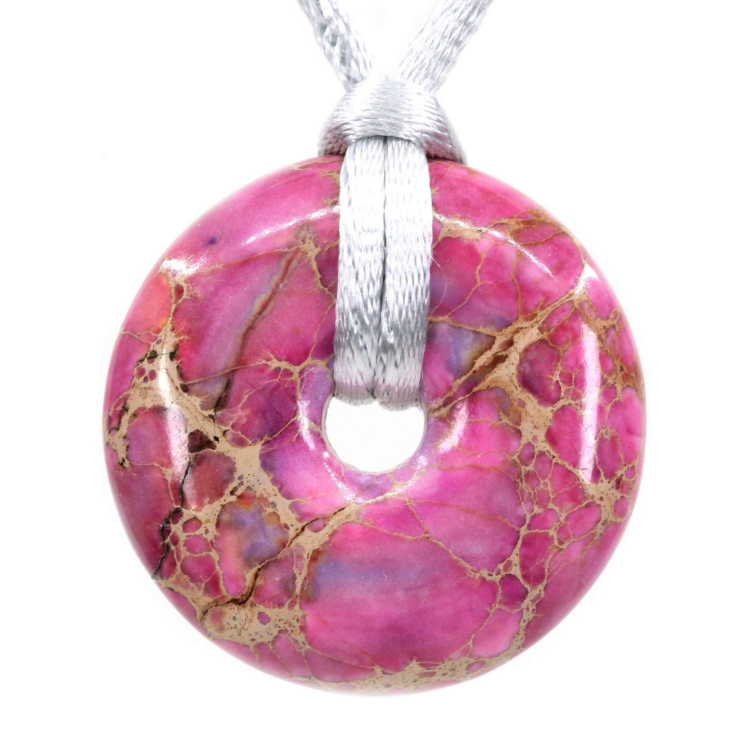 CHENYUE Dyed Pink Sediment Jasper Gemstones Peace Donut 30mm Beads Adjustable Braided Macrame Tassels Pendant Unisex — image 1
