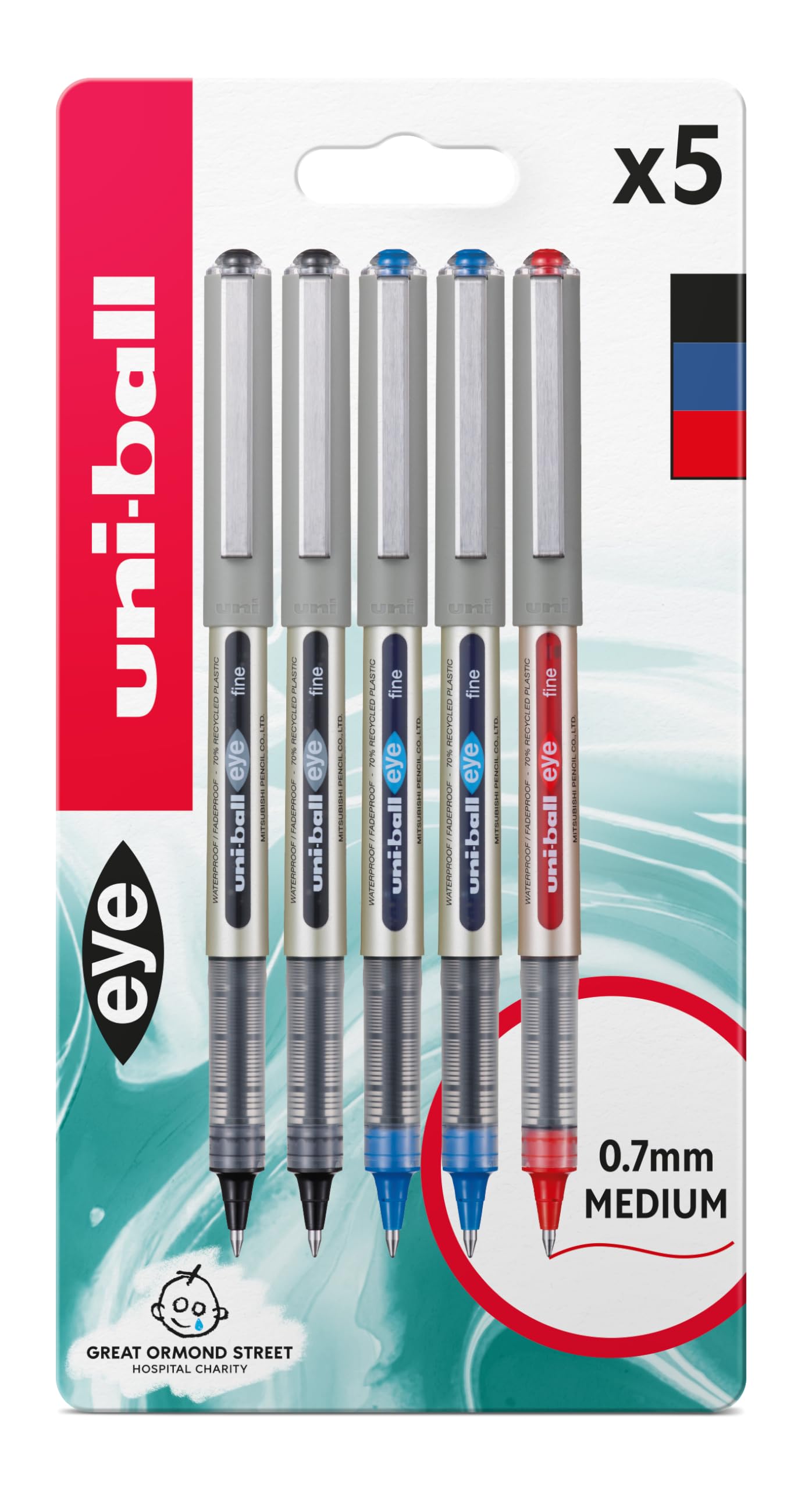 uni-ball UB-157 Eye Rollerball Pens. Premium Fine 0.7mm Ballpoint Tip for Super Smooth Handwriting, Drawing, Art, Crafts and Colouring. Fade and Water Resistant Liquid Uni Super Ink. 5 Pack Assorted