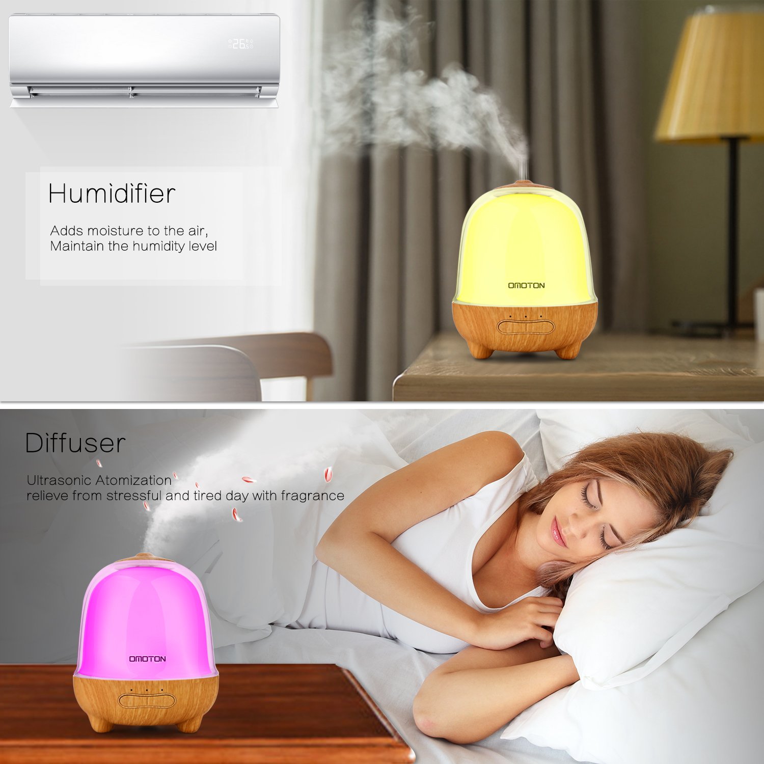 Essential Oil Diffuser, OMOTON 150ml Aromatherapy Diffuser Ultrasonic Aroma Humidifier with 7 Colored LED Lights and Waterless Auto Shut-off Protection