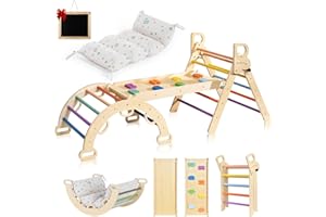 BlueWood Pikler Triangle Set with Cushion, 8-in-1 Foldable Wooden Toddler Climbing Toys Indoor Playground Jungle Gym Montessori Philosophy Climber for 2-6 Years Old, Baby, Kids (Rainbow)