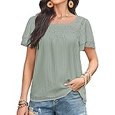 Falechay Womens Tops Summer Boho Blouses Short Sleeve Square Neck Crochet Lace Trim Casual Chiffon Shirts Double Layers