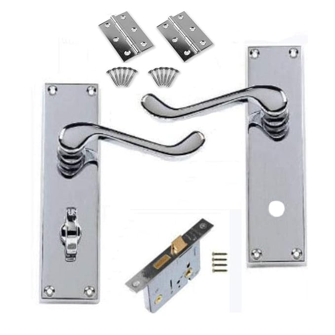 Victorian Scroll Polished Chrome Bathroom Door Handle Lock Pack with