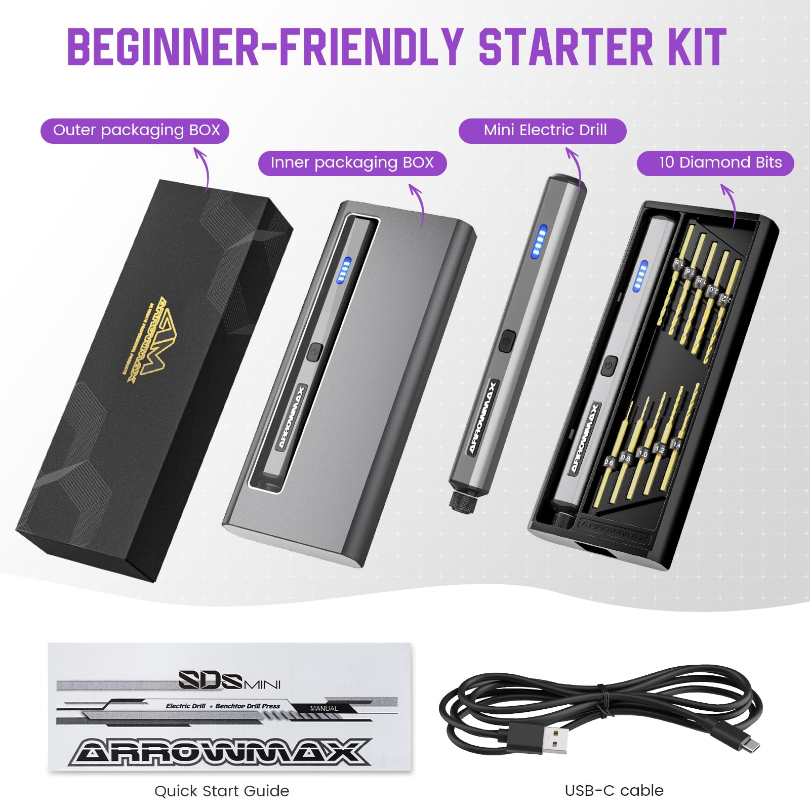 AM ARROWMAX Mini Electric Drill Pen, 13 in 1 with Aluminium case, Rechargeable, 800 RPM, Needle Vise Hand Drill Kit, 10 HSS Bits, DIY, Wood, Jewelry Making (SDS MINI)