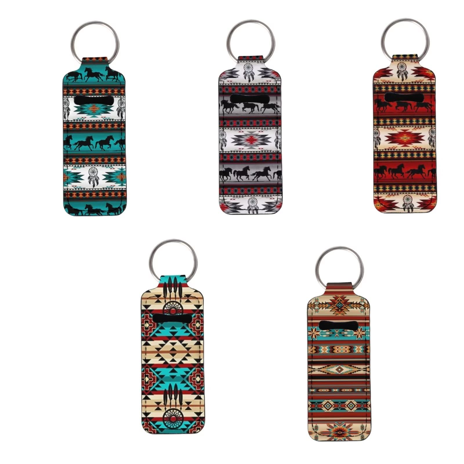 COEQINE Chapstick Holder Keychain with Wristlet Makeup Lipstick Holder for Travel Daily Accessories Set of 5 Pack,Design Tribal Aztec Style Pattern