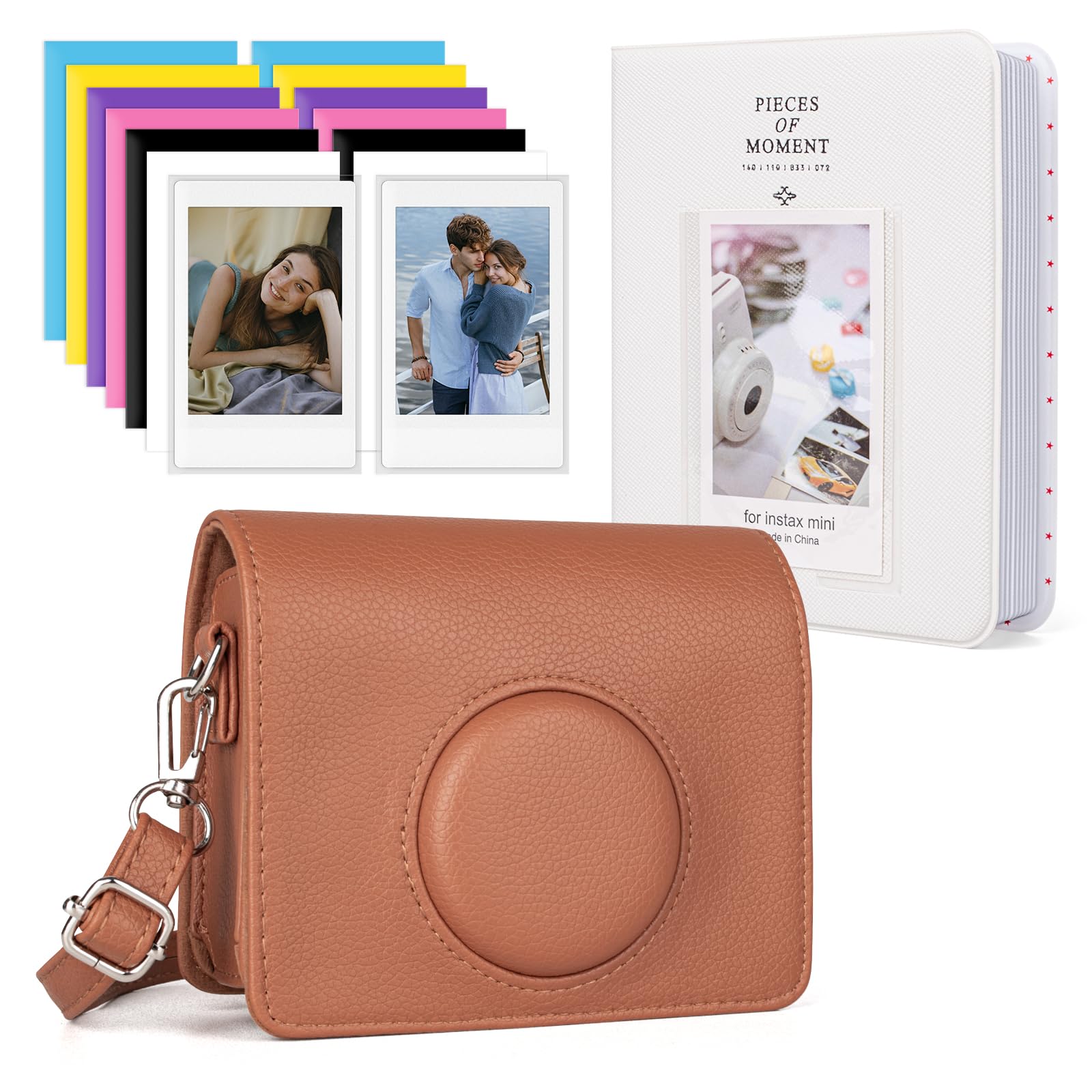 HIYQIN Mini Evo Camera Case with Photo Album/Accessories - PU Leather Protective Case Compatible with Fujifilm Instax Mini Evo Instant Camera - Brown+White