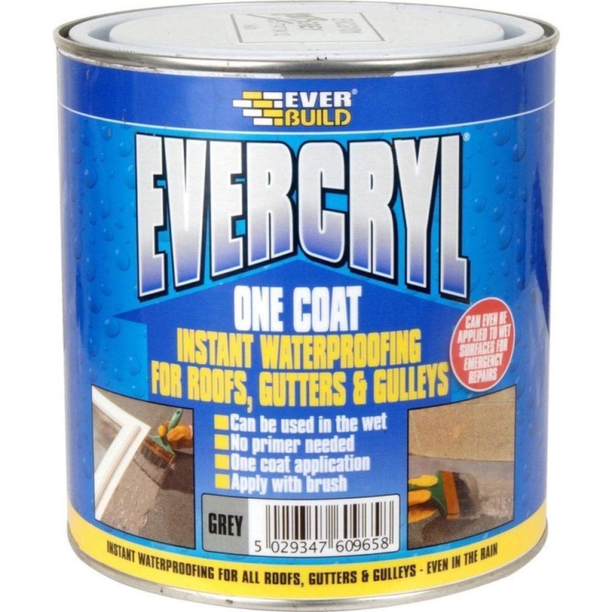Everbuild Evercryl One Coat Instant Waterproofing – Suitable for Roofs, Gutters and Gulleys – Black – 5kg