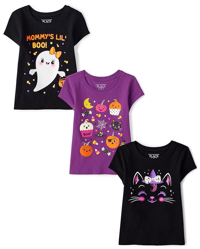 The Children's Place,Baby Girls,and Toddler All Holidays Short Sleeve Graphic T-Shirts,Multipacks,Mom Boo/Halloween/Black Cat 3-Pack,18 Months,24 Months