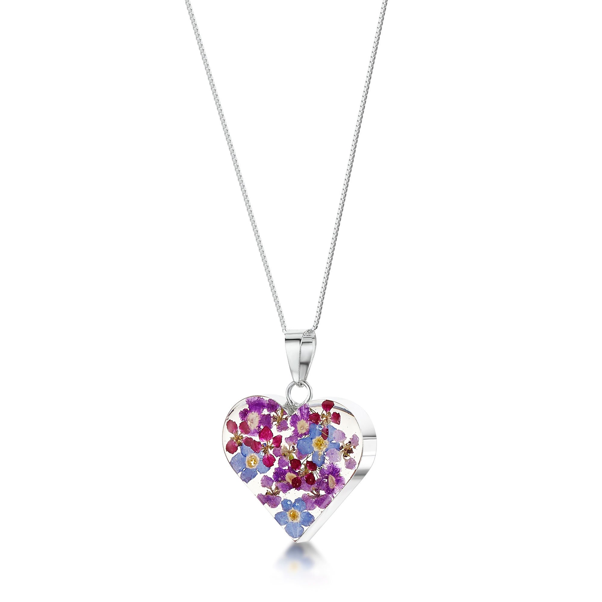 Shrieking Violet 925 Sterling Silver Medium Heart Real Flower Pendant Necklace - Assorted Flowers (Purple Haze) — image 1