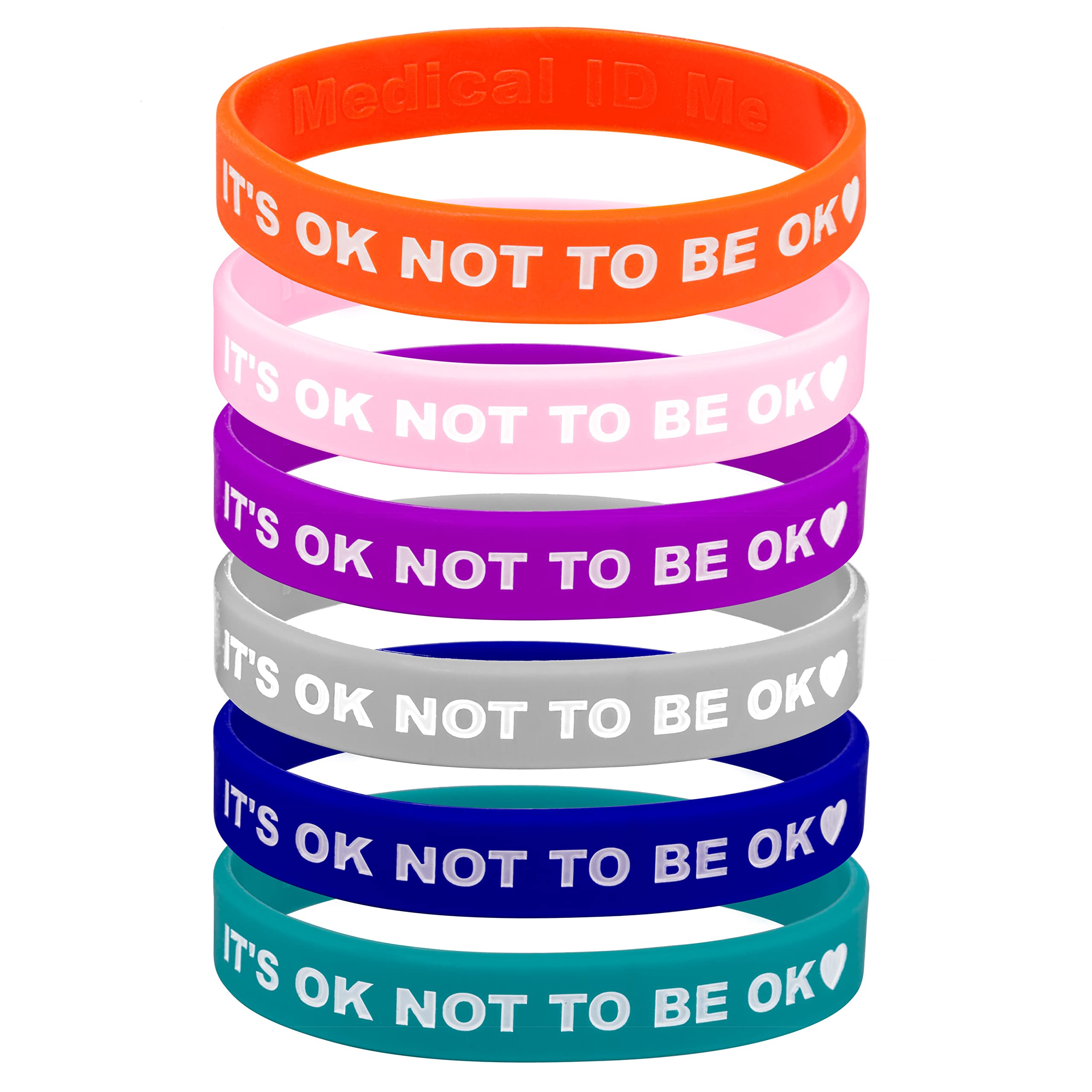 Medical ID Me Set of 6 IT'S OK NOT TO BE OK silicone mental health bracelets MHA gift (Large 20cm)