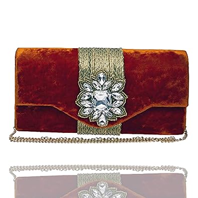 Unibrand Womens Clutch Stone on golden diamond strap & golden beads Designer Handmade Box Clutch (Orange) by The Indian Handicraft Store (With Freebie)