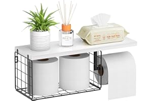 VITVITI Toilet Paper Holder with Shelf, Wall Mounted Toilet Paper Storage Basket, Wood Metal Toilet Roll and Wipes Holder for Bathroom Farmhouse (White)