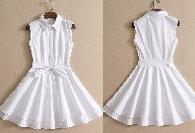 Amazon レディース ワンピース 清楚 爽やか カジュアルウエストマーク ノースリーブ フレア ミニ 白 水色 S2 ｌ みずいろ ワンピース チュニック 通販