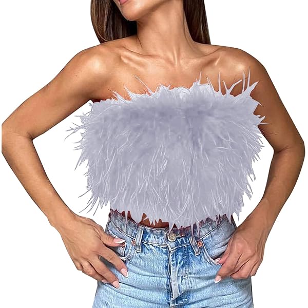 Sexy Tube Tops for Women Faux Feather Fur Strapless Back Zip Up