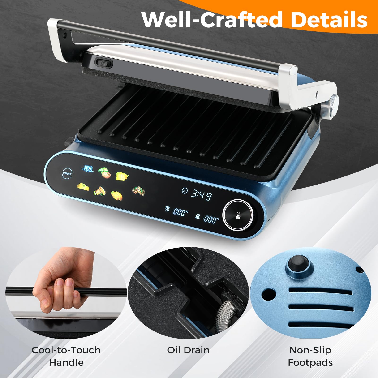 Happygrill 3 in 1 Panini Press Electric Indoor Grill & Sandwich Maker,1200W Open Flat Griddle w/ 2 Removable Non-Stick Dishwasher-Safe Plates,LED Display,7 Modes,Independent Temp Control & Drip Tray