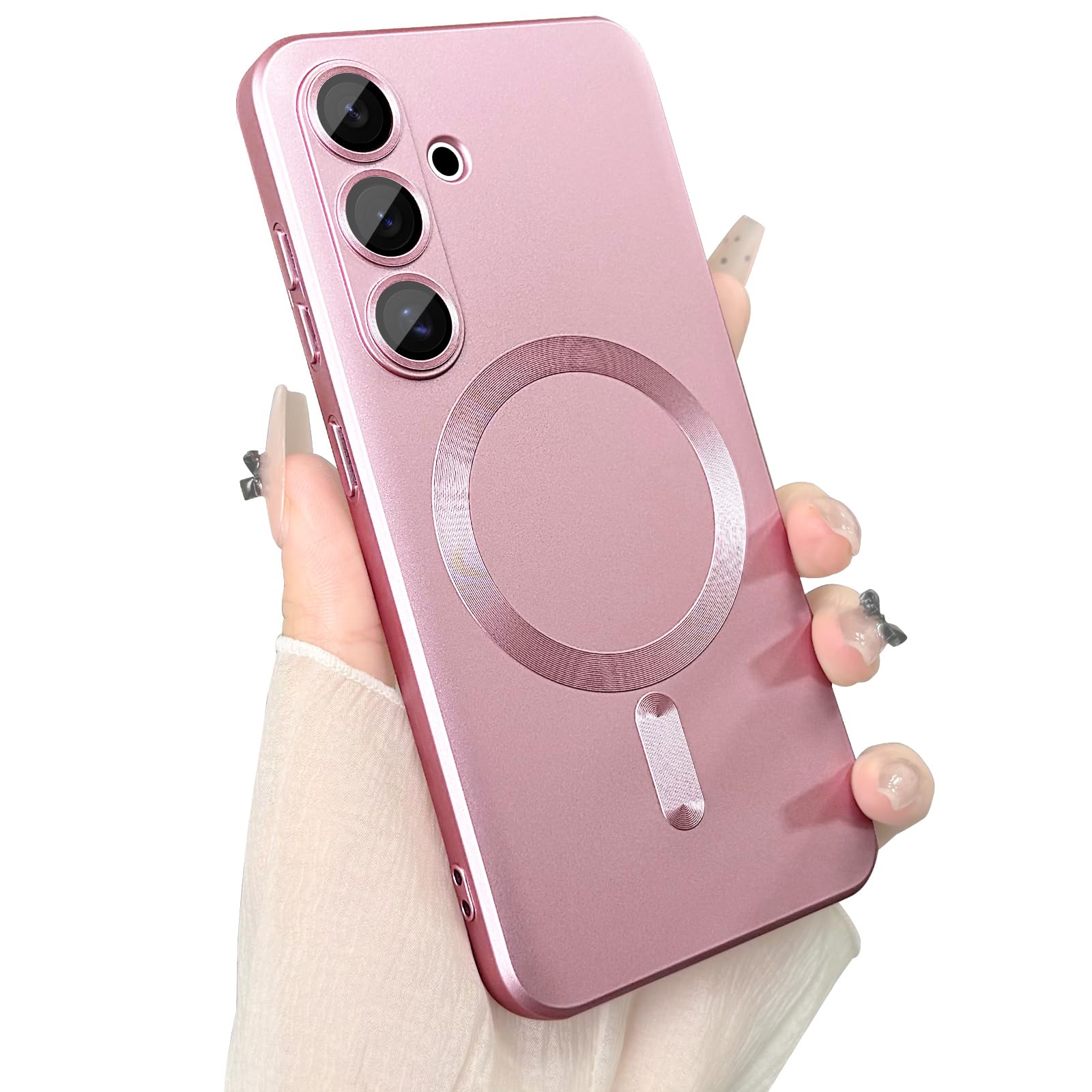 ankofave Magnetic for Samsung Galaxy S25 Phone Case for Women/Men, Matte Luxury Soft Metallic Luster Design with Camera Lens Protector, Shockproof Anti-Scratch Phone Case 6.2" Pink