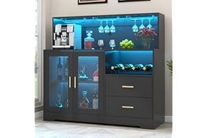 AUROMIE Bar Cabinet for Home with LED Light, Coffee Bar Cabinet with Wine & Glass Rack, Wine Cabinets with Drawers & Microwave Stand, Modern Liquor Cabinets for Kitchen, Living Room, Dining Room (Black)