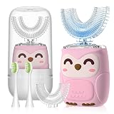 PVOGRT Kids Electric U Shaped Toothbrush Kids Sonic Toothbrush with 4 Soft Brush Head Automatic Full Mouth 6 Cleaning Mode-(Age8-15 Pink)