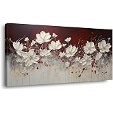 Lasdel Stretched Canvas Wall Art of White Flowers Plant Picture for Living Room Bedroom Home Decoration, Beautiful White and Red Premium Nature Print Artwork Painting Decor, Inner Frame 23x46 Inches