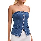 CIMUK Women's Denim Tube Tops Button Front Elastic Back Crop Strapless Bandeau Top