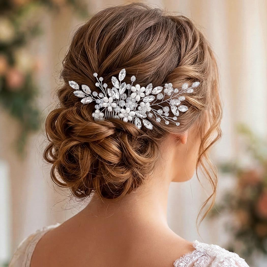 Unicra Bride Wedding Hair Comb Silver Flower Headpiece Combs Pearl Crystal Hair Accessories for Women and Girls