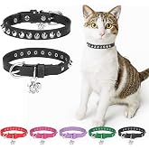 DILLYBUD Leather Cat Collar, Breakaway Kitten Collars with Bell, Black | Spiked &amp; Studded, Cute for Boy Girl Small Pets, Goth Rivet Style, Safety Elastic Belt, Adjustable Buckle, Skull Charm, 8-12in