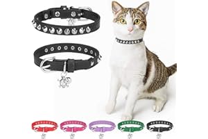 DILLYBUD Leather Cat Collars for Boy Girl Cats with Bell and Safety Elastic Belt, Personalized Rivets Stud Adjustable Safe Buckle Collar with Skull Charm for Kitty Small Pets, Black