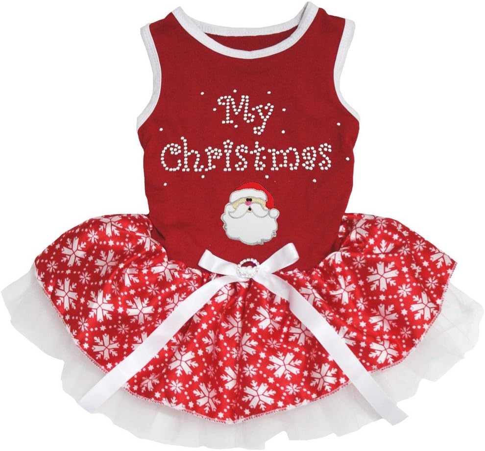 Petitebelle My Christmas Santa Claus Puppy Dog Dress (Red/Red Snowflakes, Large)