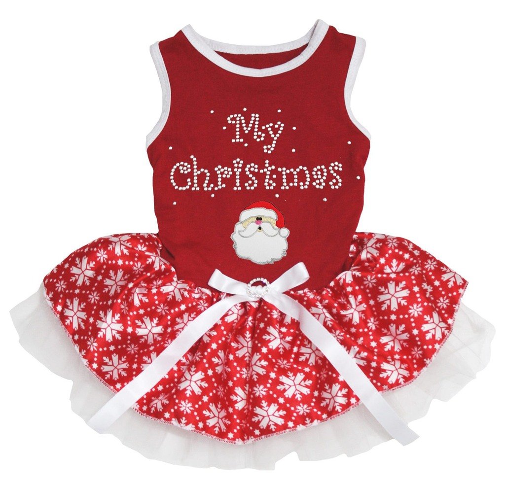 Petitebelle My Christmas Santa Claus Puppy Dog Dress (Red/Red Snowflakes, X-Large)