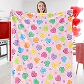 JarThenaAMCS Valentine Fuzzy Blanket Conversation Heart Throw Blanket Candy Love Heart Pink Soft Cozy Flannel Blanket for Party Home Bed Sofa Couch Chair, 50 x 60 Inch