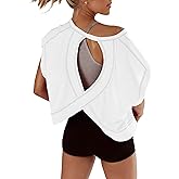 Fhniepan Open Back Tops for Women Oversized Short Sleeve Workout T Shirts Backless Y2k Athletic Crop Running Tees