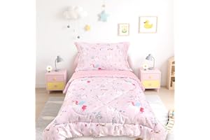 SWESEN 4 Pieces Toddler Bedding Set for Girls, Unicorn Toddler Comforter Set, Include Quilted Comforter, Flat Sheet, Fitted Sheet, Pillowcase, Ultra Soft and Breathable, Pink